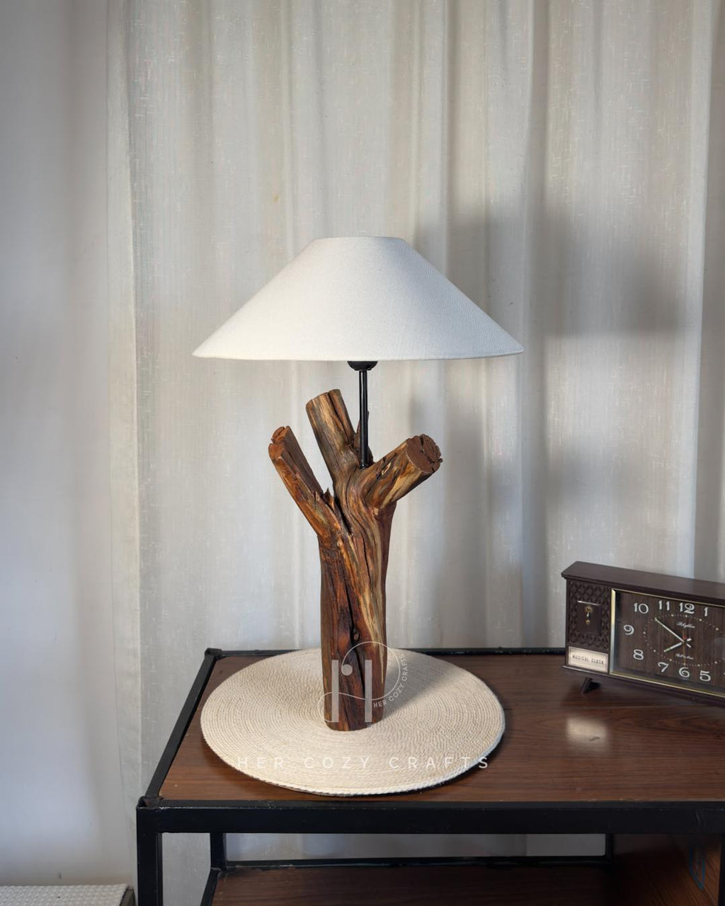 Crown Stump Lamp - Forked wood column with off white shade