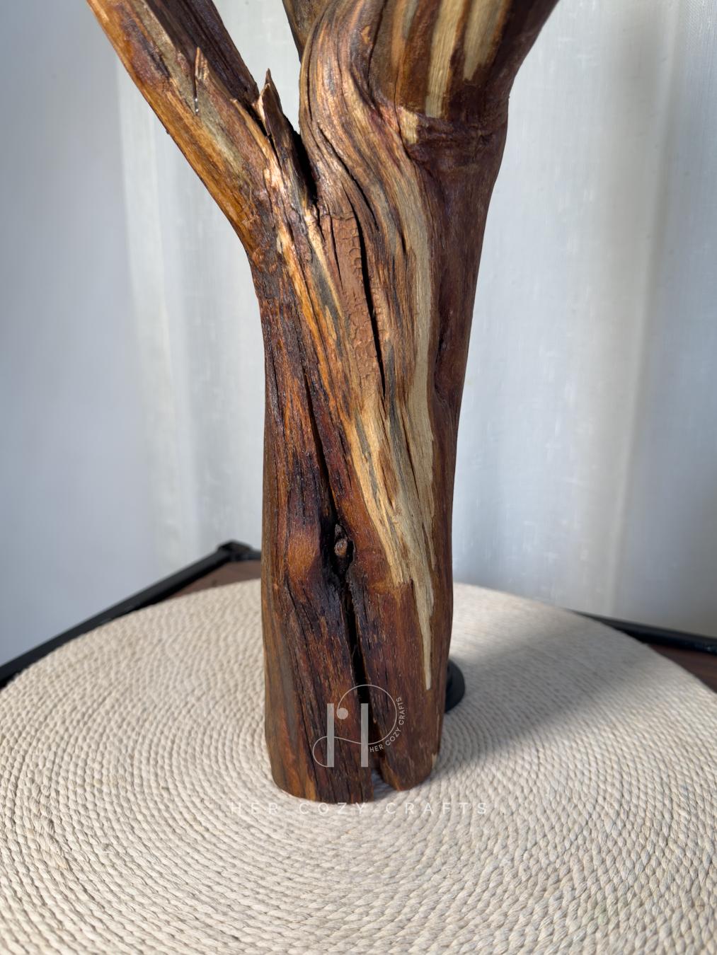 Crown Stump Lamp - Forked wood column with off white shade