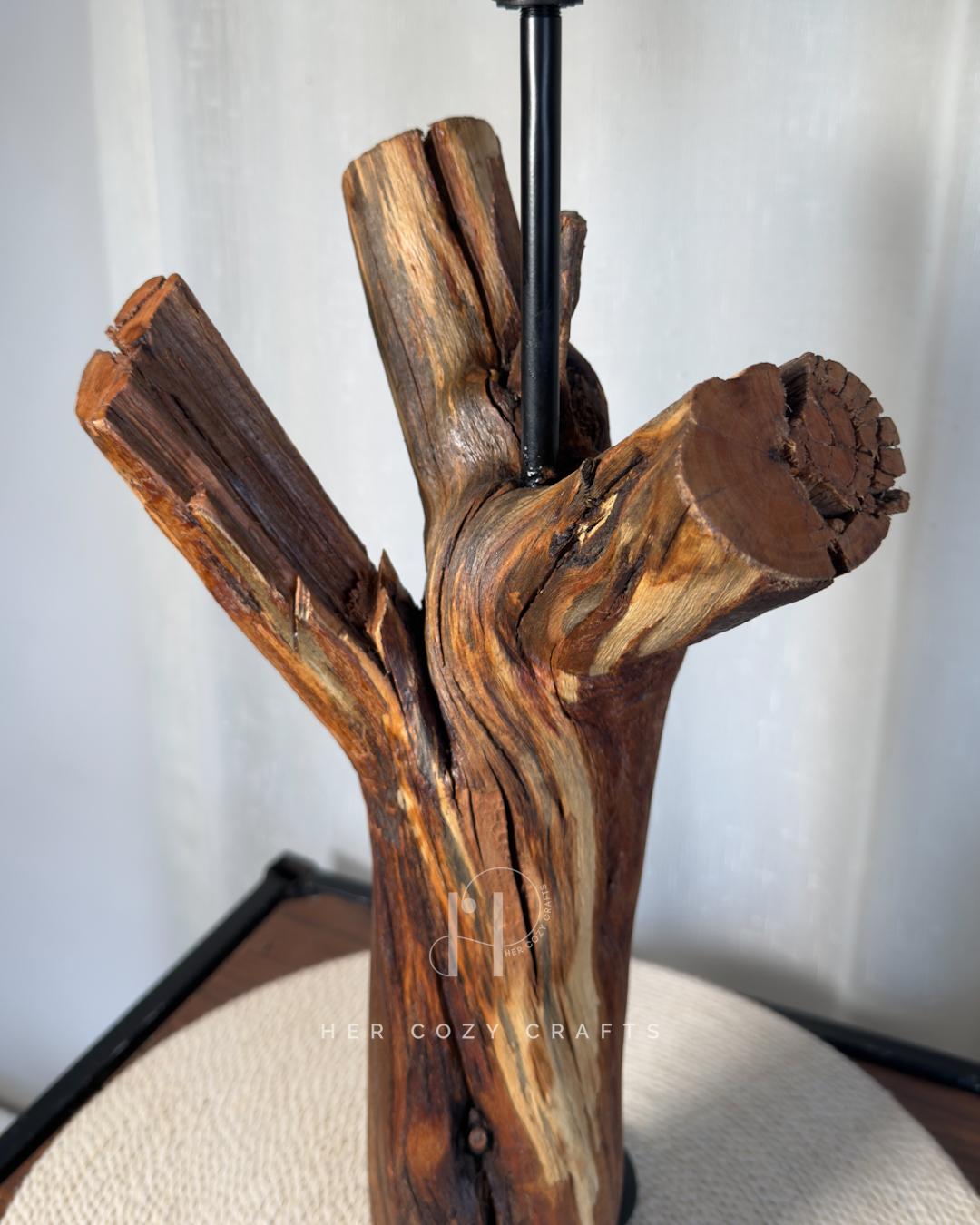 Crown Stump Lamp - Forked wood column with off white shade