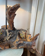 Hilltop Village Lamp - Organic driftwood table lamp with miniature homes and warm light