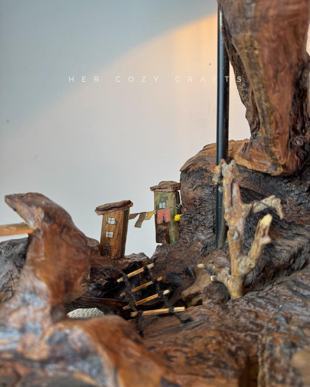 Hilltop Village Lamp - Organic driftwood table lamp with miniature homes and warm light