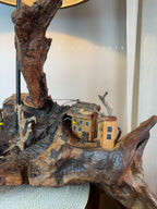 Hilltop Village Lamp - Organic driftwood table lamp with miniature homes and warm light