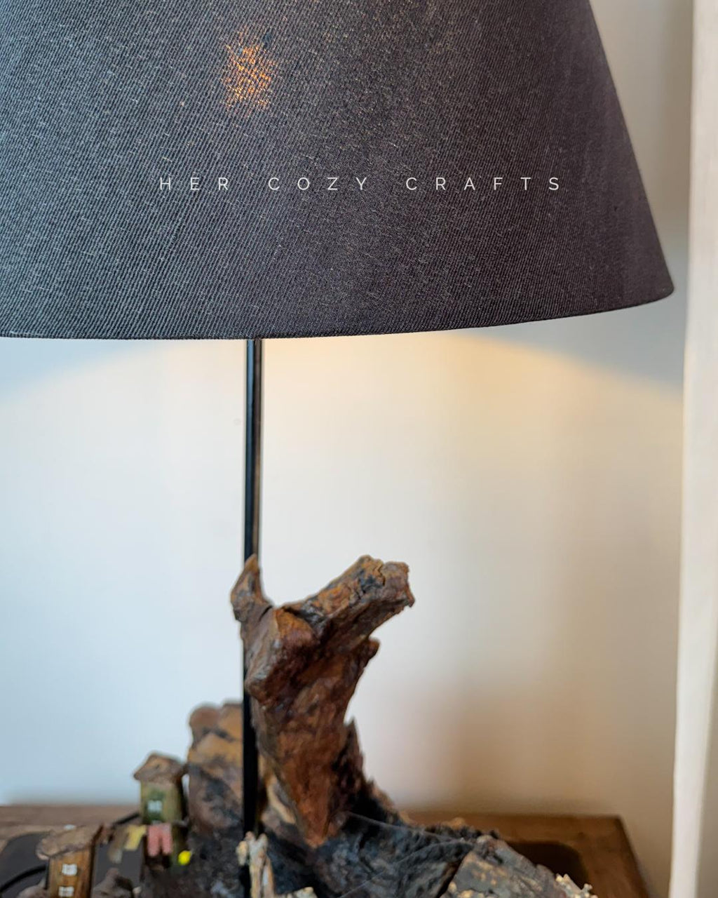 Hilltop Village Lamp - Organic driftwood table lamp with miniature homes and warm light