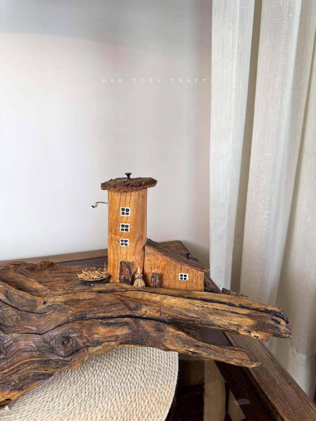 Rustic Driftwood Table Lamp with Miniature Cottage Details and Warm Ambient Light