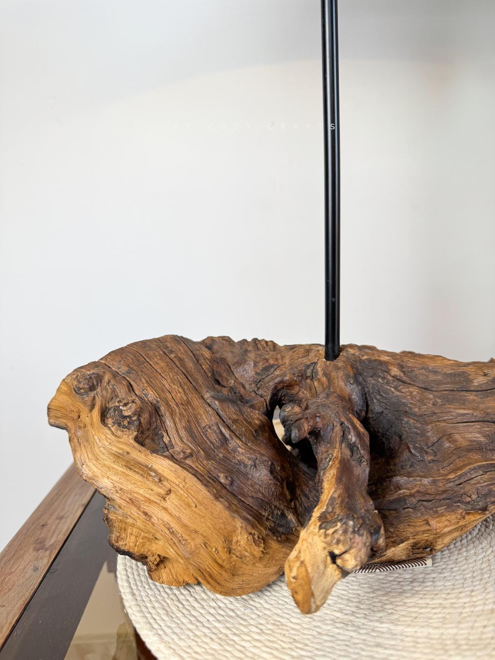 Rustic Driftwood Table Lamp with Miniature Cottage Details and Warm Ambient Light