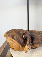 Rustic Driftwood Table Lamp with Miniature Cottage Details and Warm Ambient Light