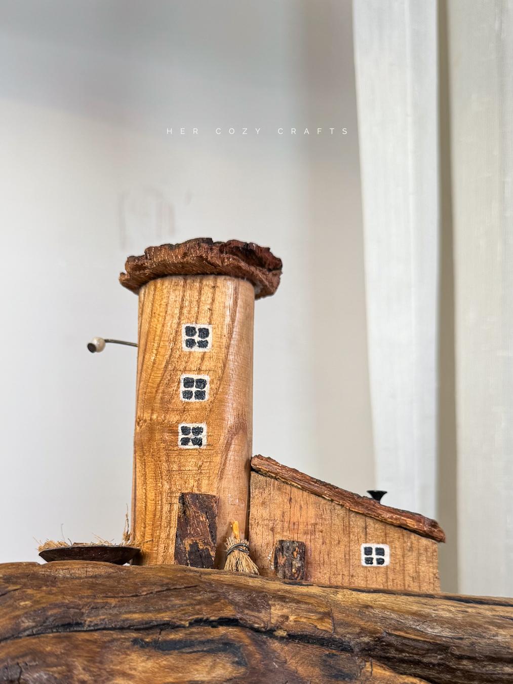 Rustic Driftwood Table Lamp with Miniature Cottage Details and Warm Ambient Light