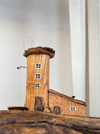 Rustic Driftwood Table Lamp with Miniature Cottage Details and Warm Ambient Light