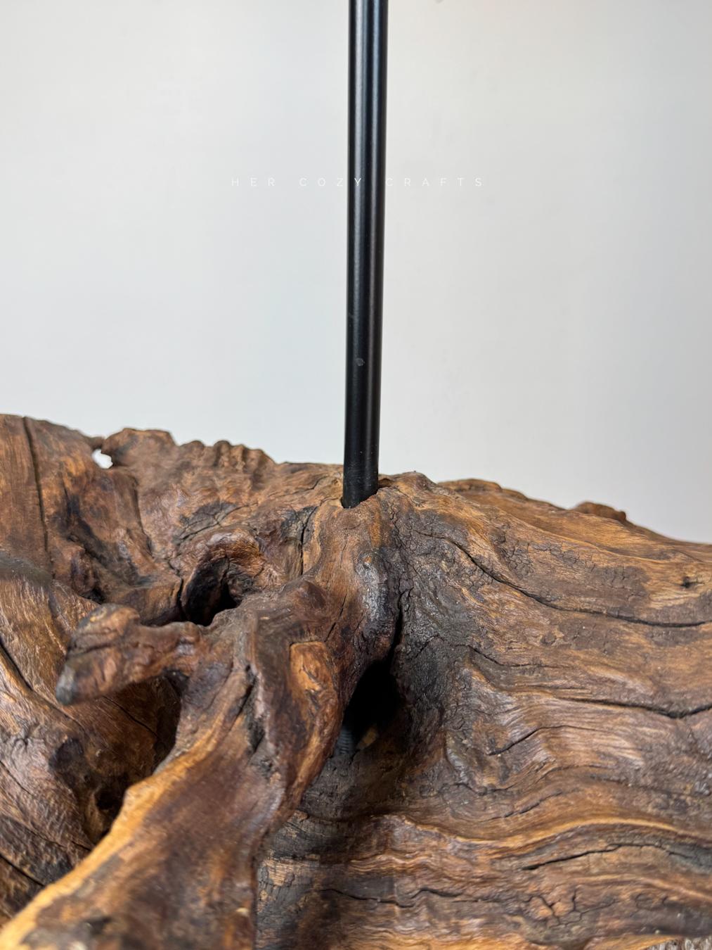 Rustic Driftwood Table Lamp with Miniature Cottage Details and Warm Ambient Light