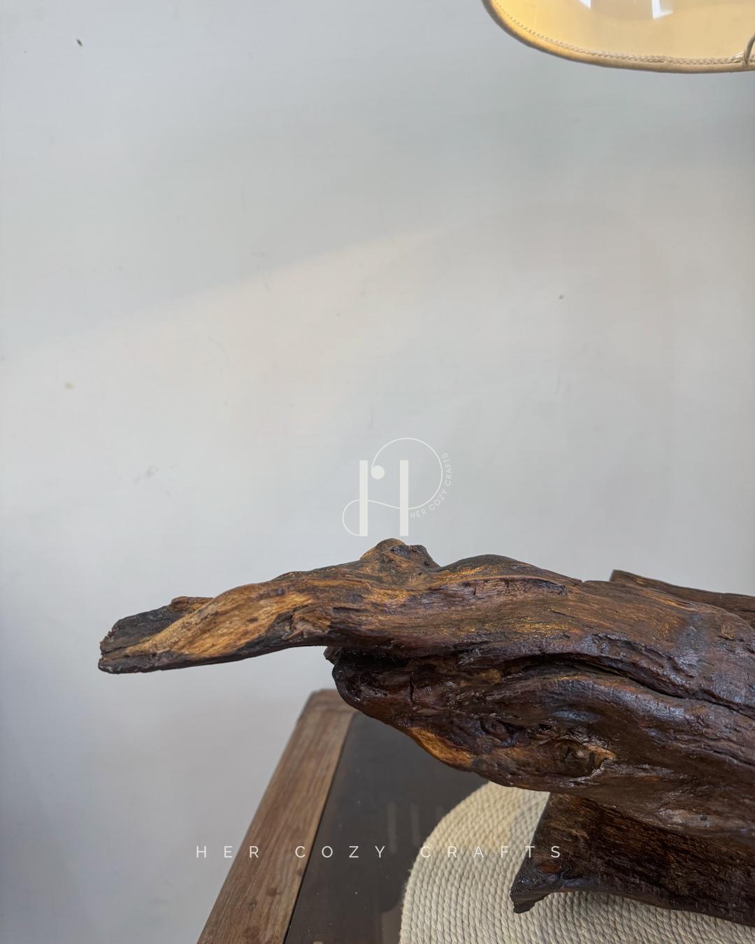 Root Shade Lamp – Sculptural Driftwood lamp with Off-White Fabric Shade