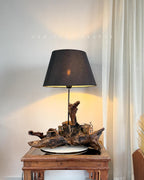 Hilltop Village Lamp - Organic driftwood table lamp with miniature homes and warm light