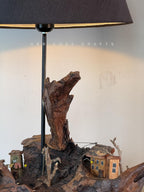 Hilltop Village Lamp - Organic driftwood table lamp with miniature homes and warm light