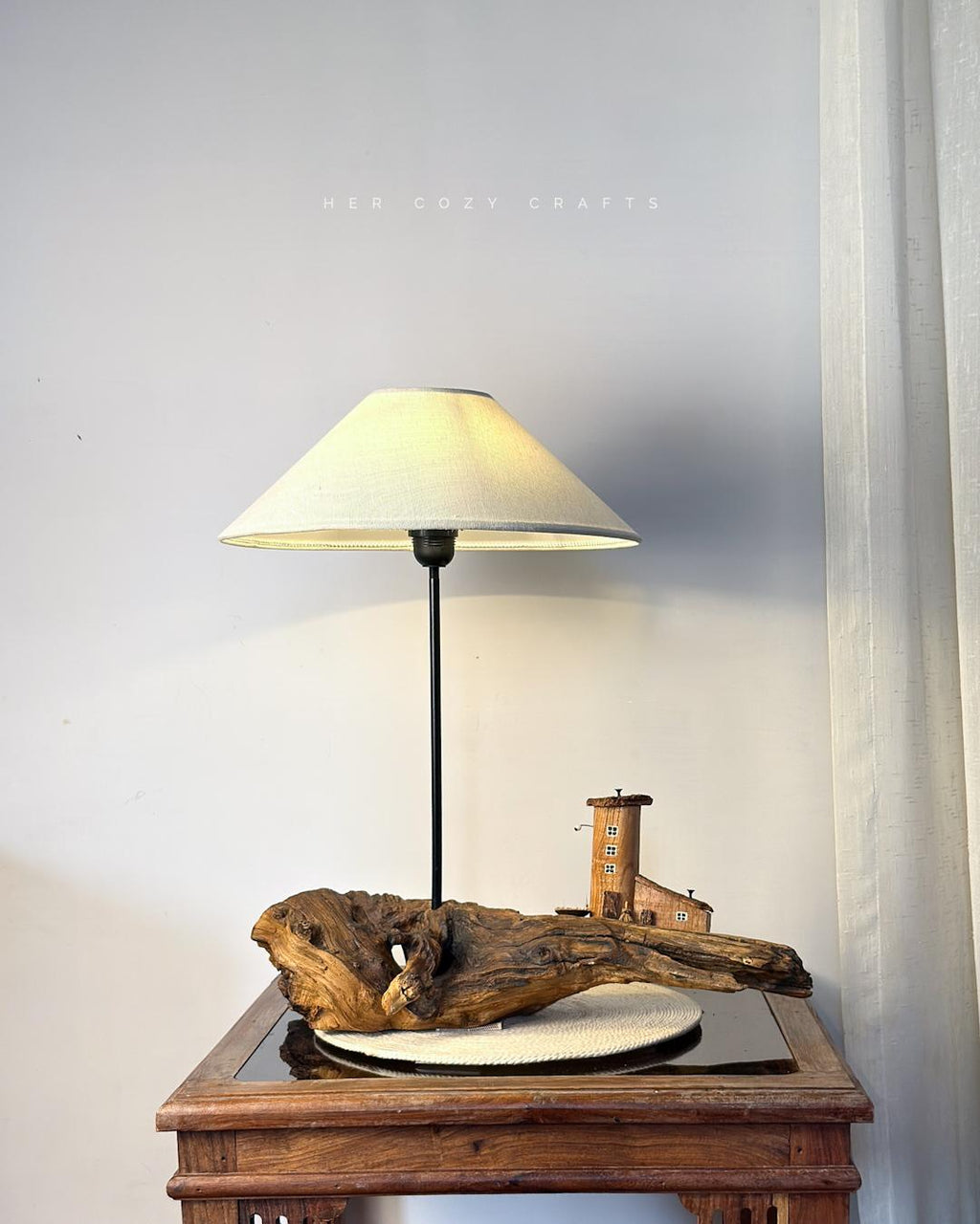 Rustic Driftwood Table Lamp with Miniature Cottage Details and Warm Ambient Light