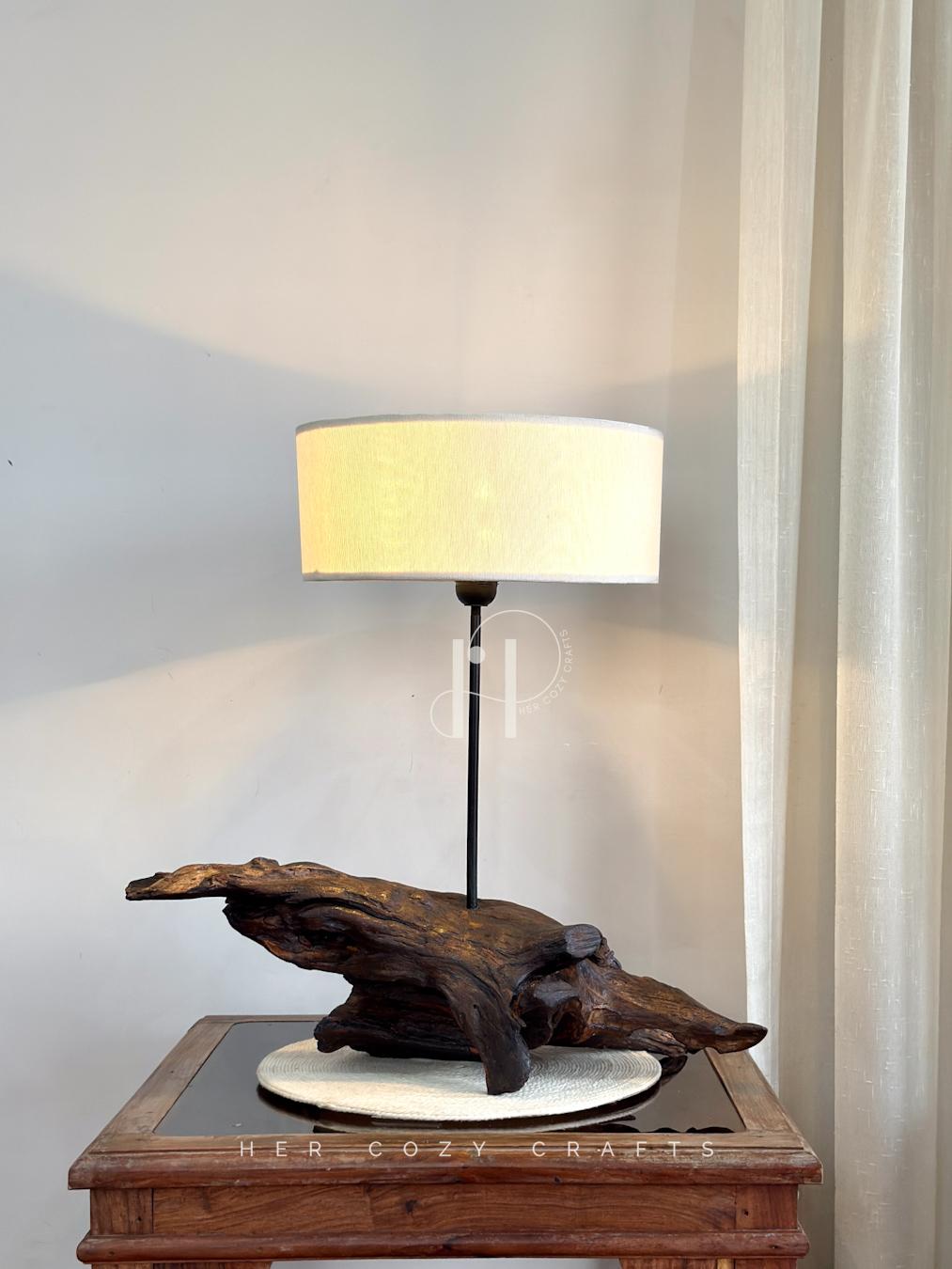 Root Shade Lamp – Sculptural Driftwood lamp with Off-White Fabric Shade