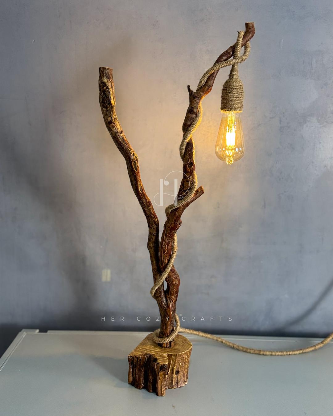 Wildwood Branch Lamp - Natural Driftwood Base with Jute-Wrapped Hanging Bulb