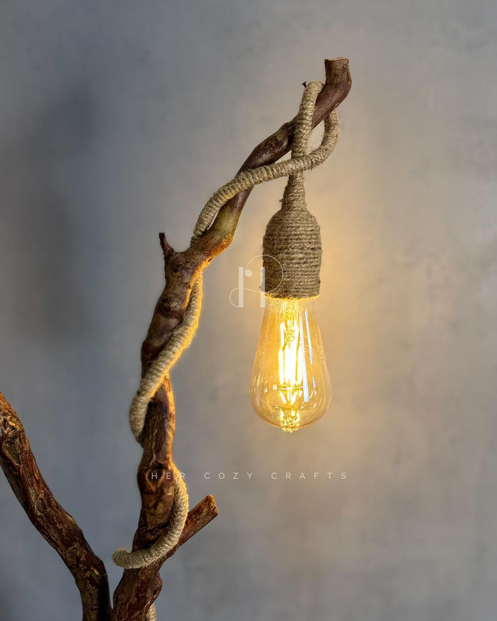 Wildwood Branch Lamp - Natural Driftwood Base with Jute-Wrapped Hanging Bulb