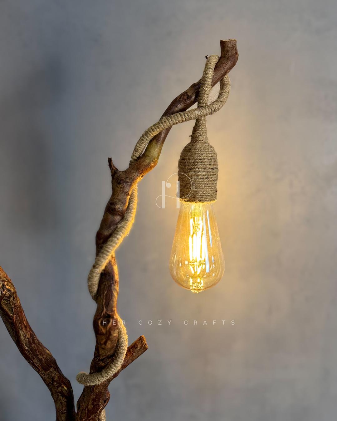 Wildwood Branch Lamp - Natural Driftwood Base with Jute-Wrapped Hanging Bulb