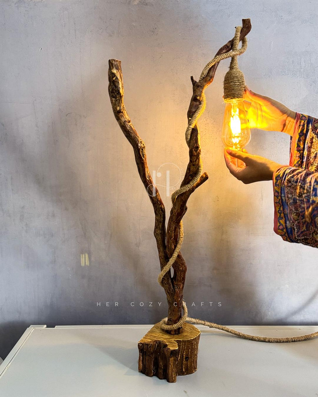 Wildwood Branch Lamp - Natural Driftwood Base with Jute-Wrapped Hanging Bulb