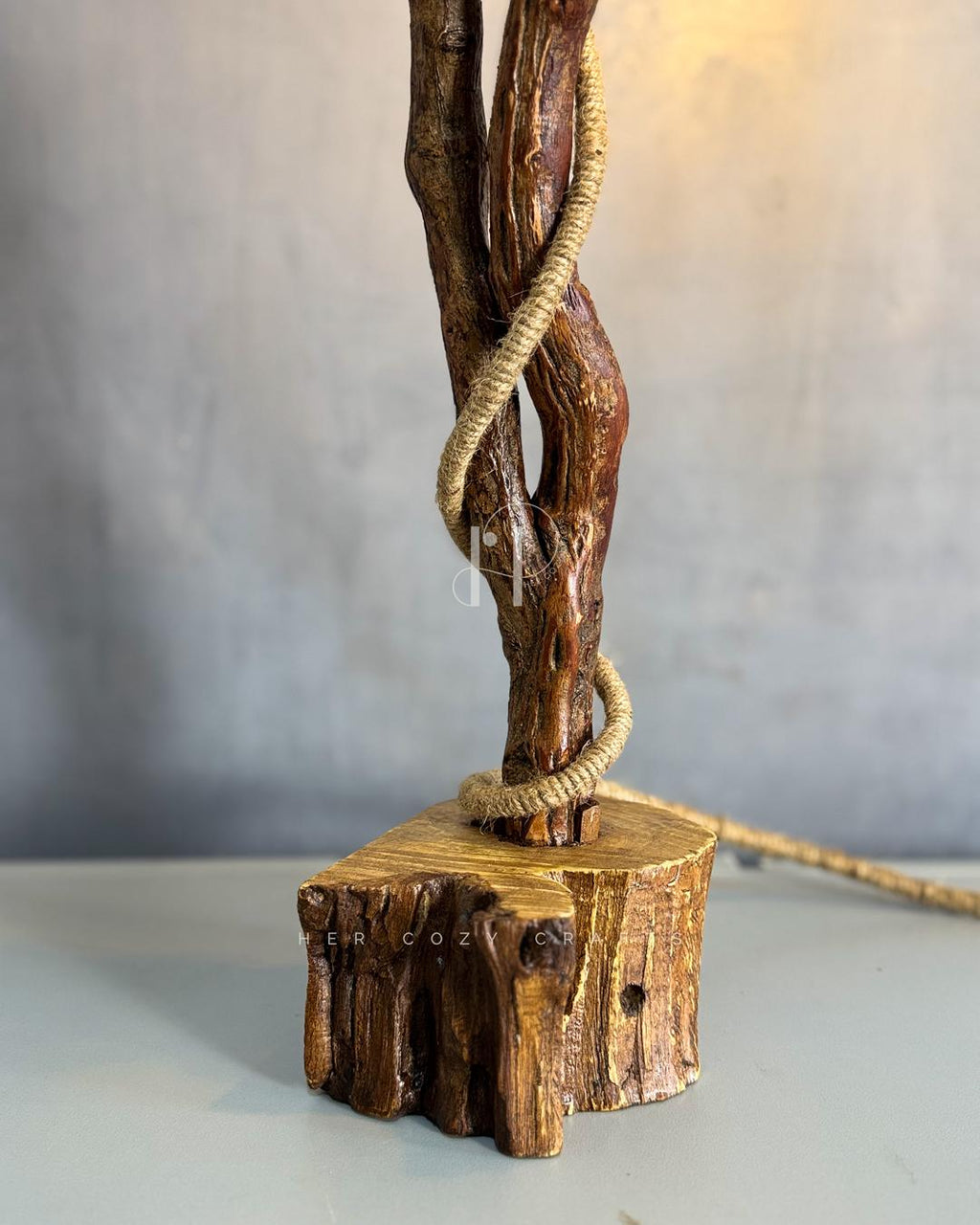 Wildwood Branch Lamp - Natural Driftwood Base with Jute-Wrapped Hanging Bulb
