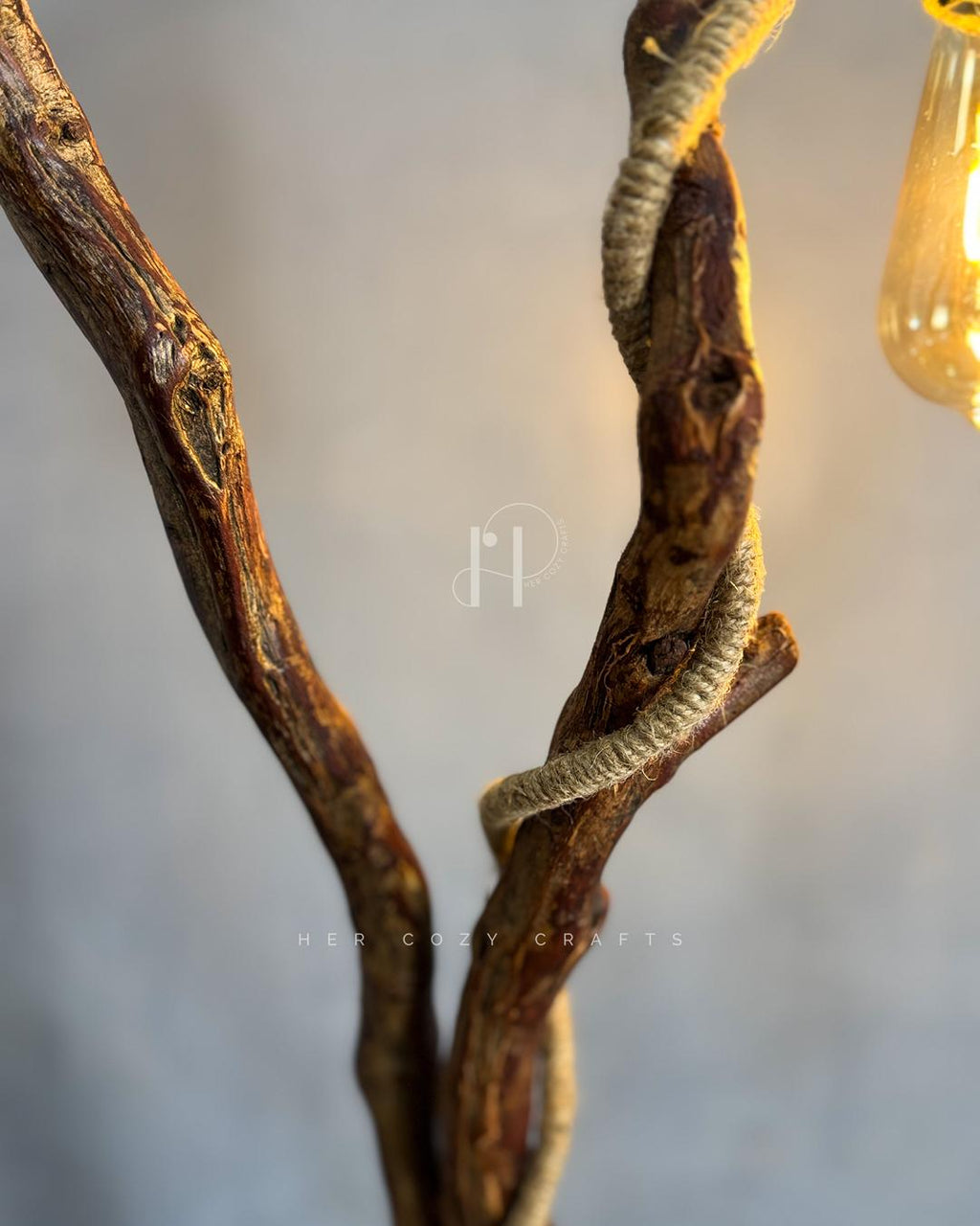 Wildwood Branch Lamp - Natural Driftwood Base with Jute-Wrapped Hanging Bulb