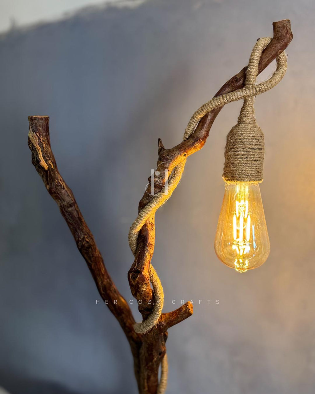 Wildwood Branch Lamp - Natural Driftwood Base with Jute-Wrapped Hanging Bulb