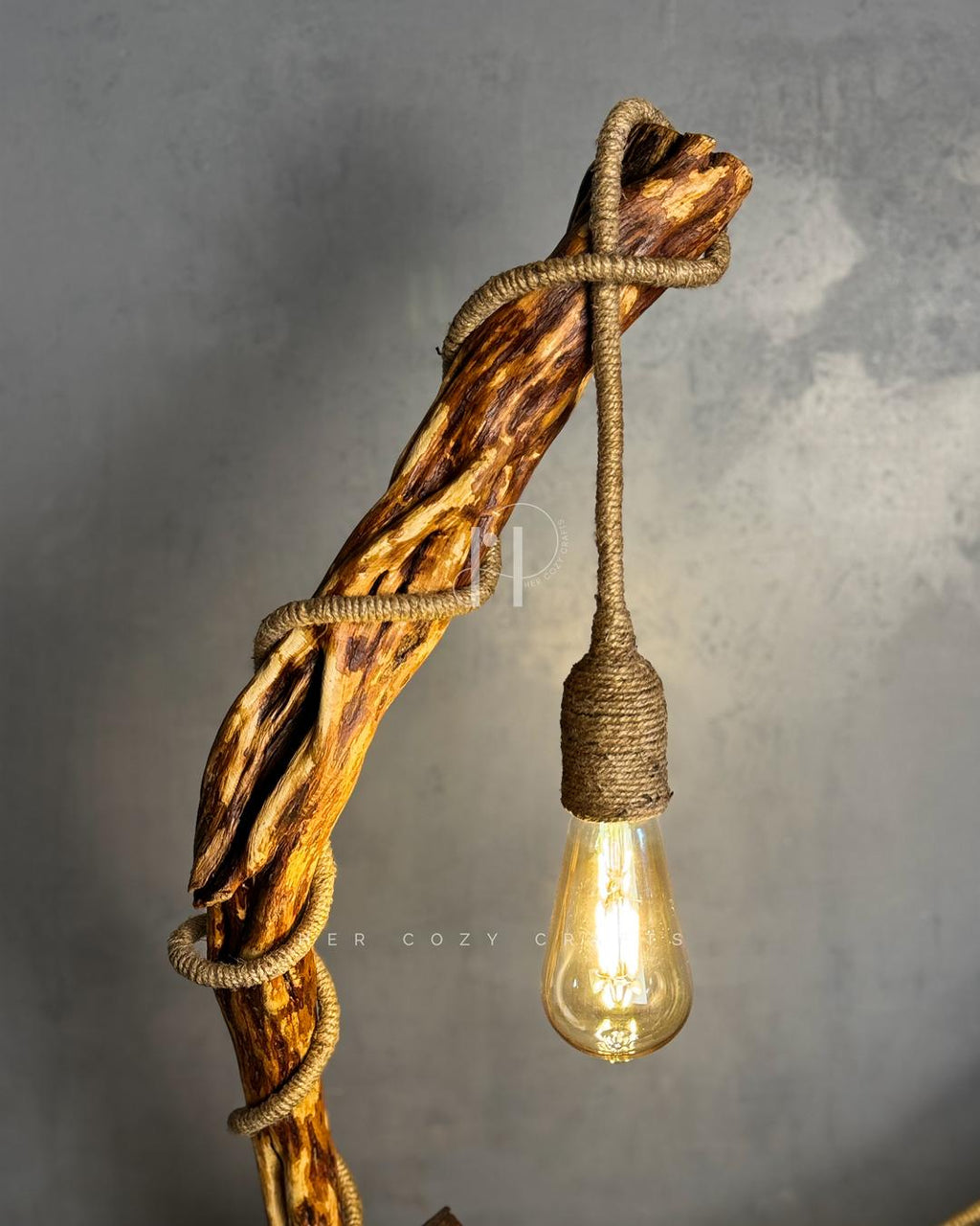 Cottage Climb Lamp - Tall natural wood stem with rope-wrapped hanging bulb and village base