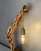 Cottage Climb Lamp - Tall natural wood stem with rope-wrapped hanging bulb and village base