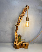 Cottage Climb Lamp - Tall natural wood stem with rope-wrapped hanging bulb and village base