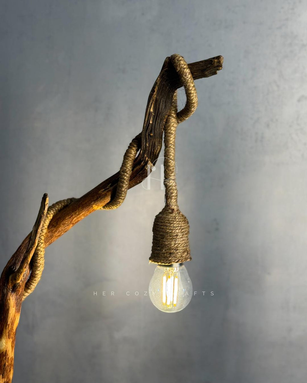 Wildwood Branch Lamp - Natural Driftwood Base with Jute-Wrapped Hanging Bulb