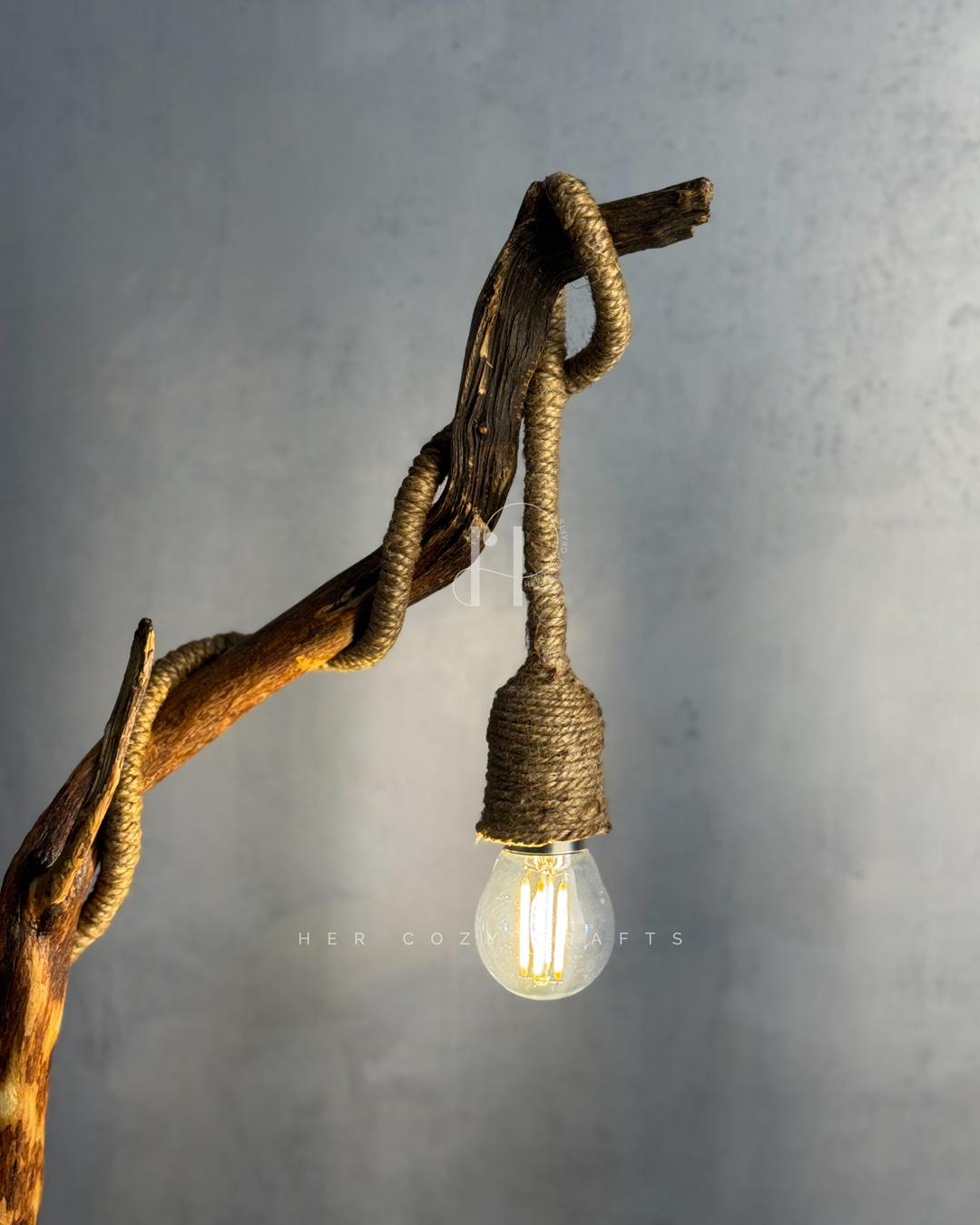 Wildwood Branch Lamp - Natural Driftwood Base with Jute-Wrapped Hanging Bulb