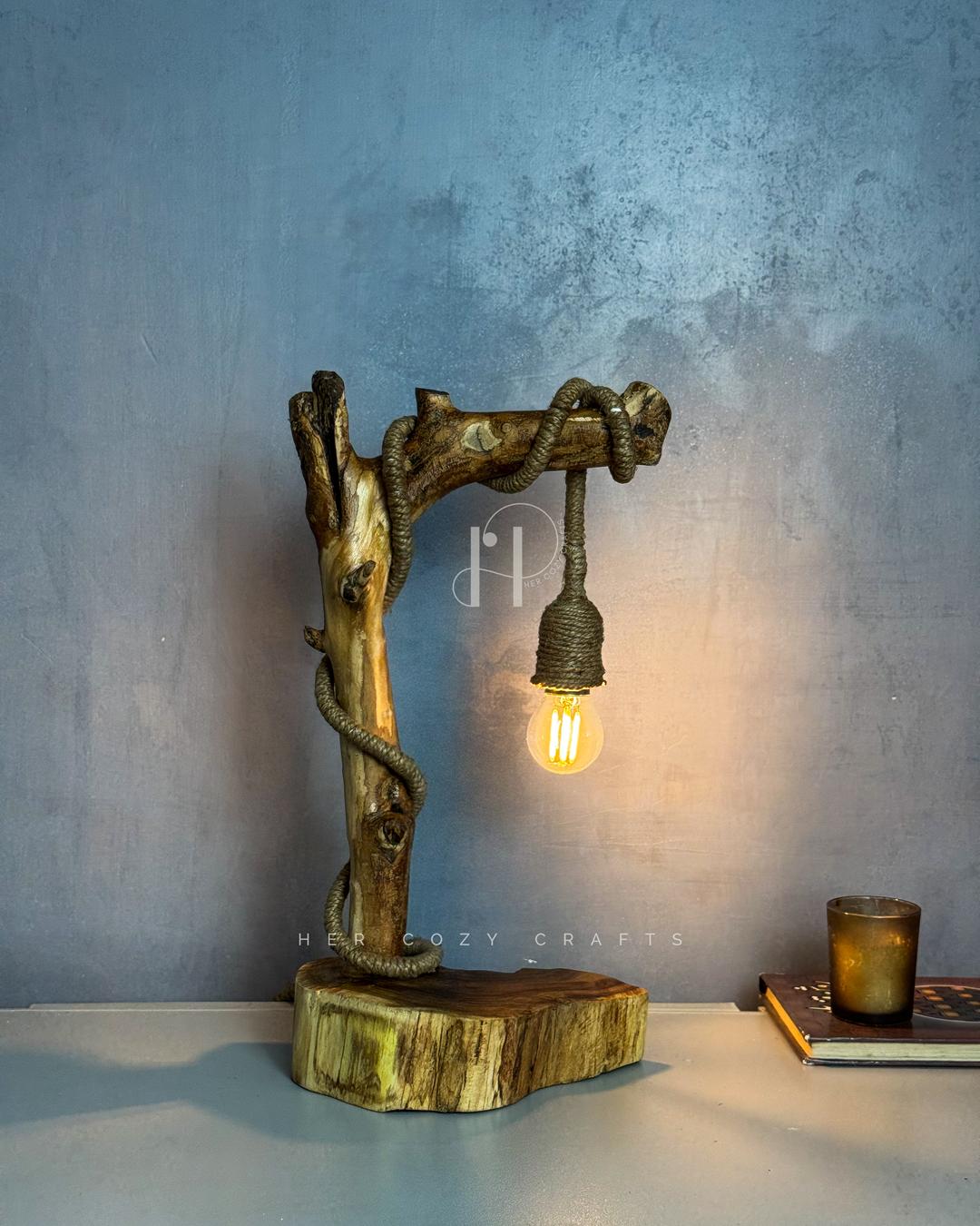 Rope Branch Lamp - Natural wood frame with jute-wrapped hanging bulb