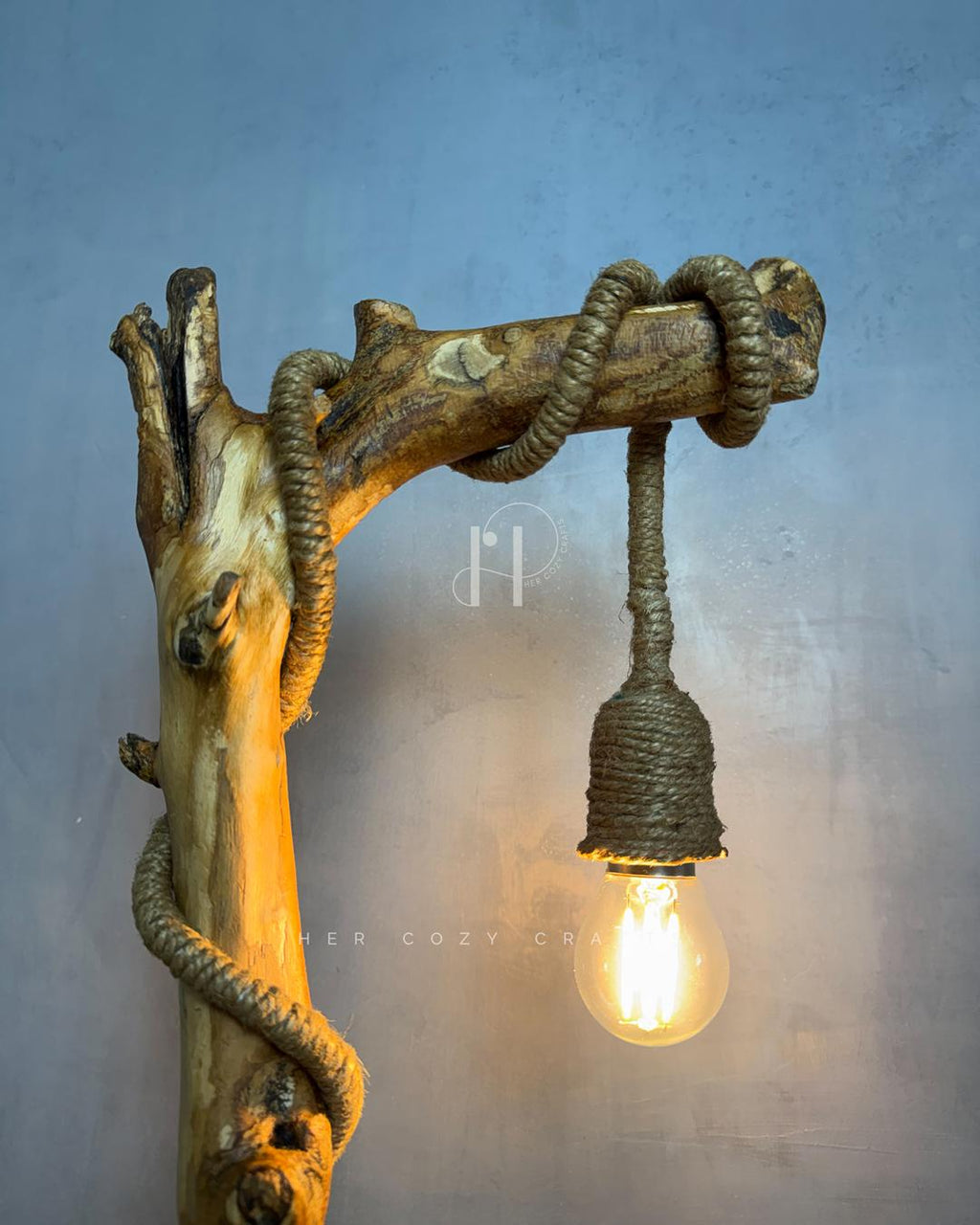 Rope Branch Lamp - Natural wood frame with jute-wrapped hanging bulb