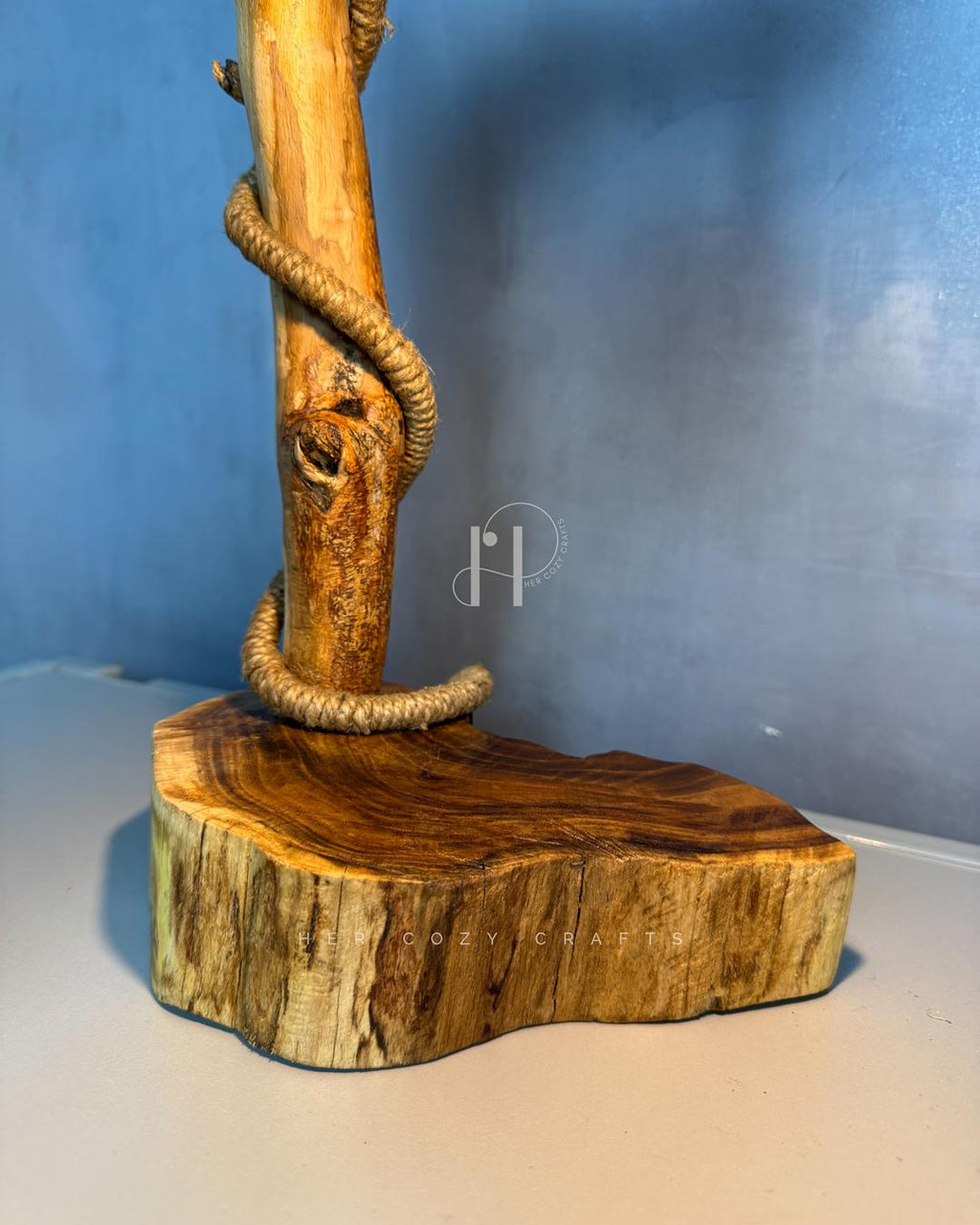 Rope Branch Lamp - Natural wood frame with jute-wrapped hanging bulb