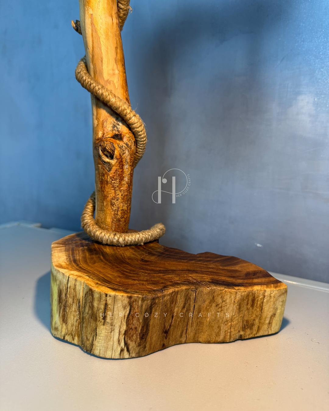 Rope Branch Lamp - Natural wood frame with jute-wrapped hanging bulb