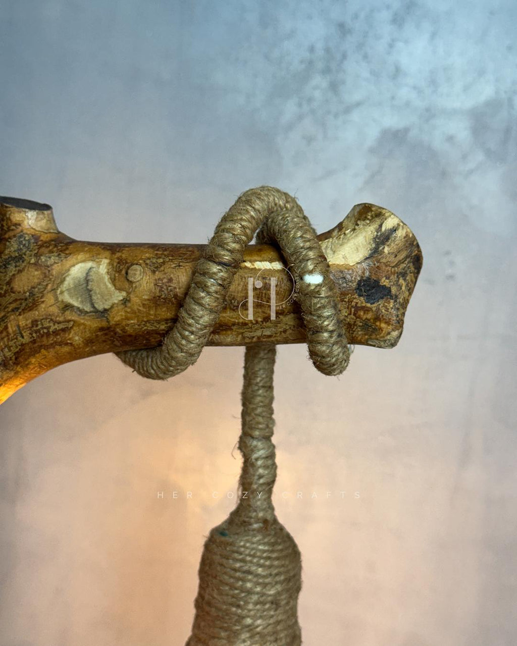 Rope Branch Lamp - Natural wood frame with jute-wrapped hanging bulb