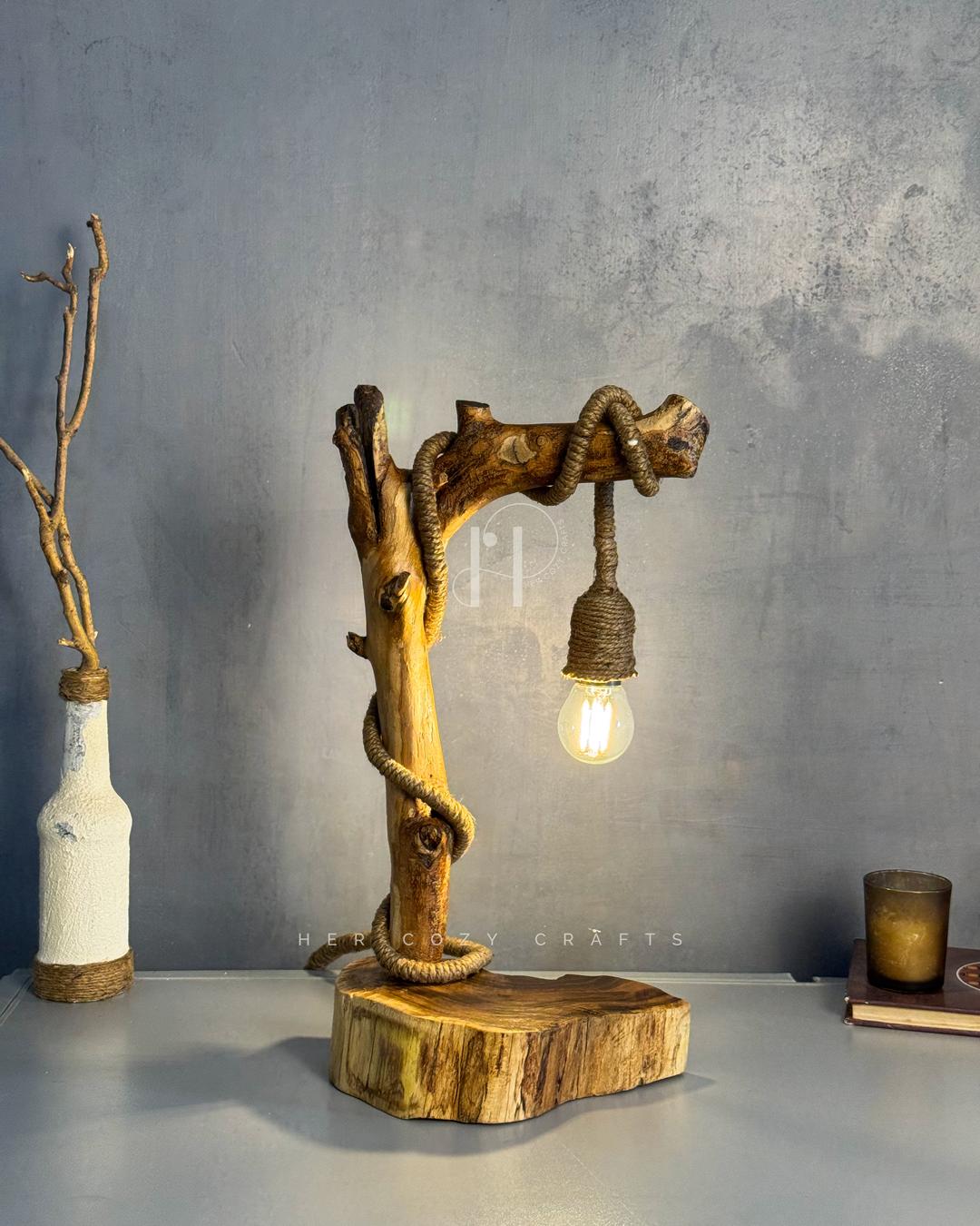 Rope Branch Lamp - Natural wood frame with jute-wrapped hanging bulb
