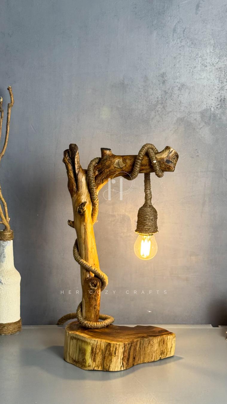 Rope Branch Lamp - Natural wood frame with jute-wrapped hanging bulb