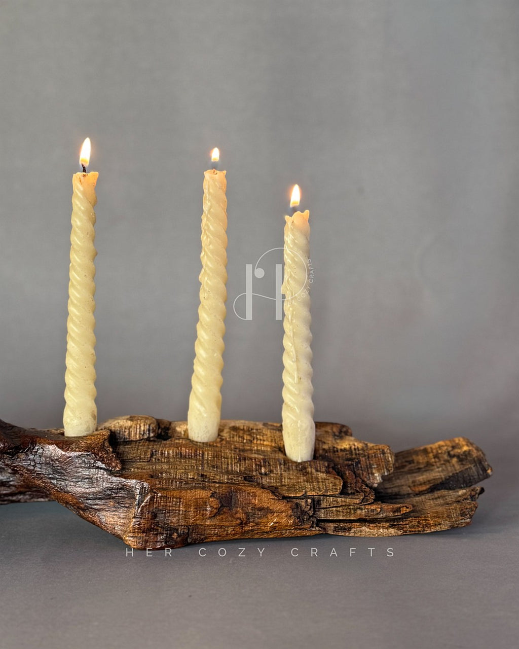 Twisted Candle Holder – Sculptural Wooden Branch Base with Three Spiral Candles
