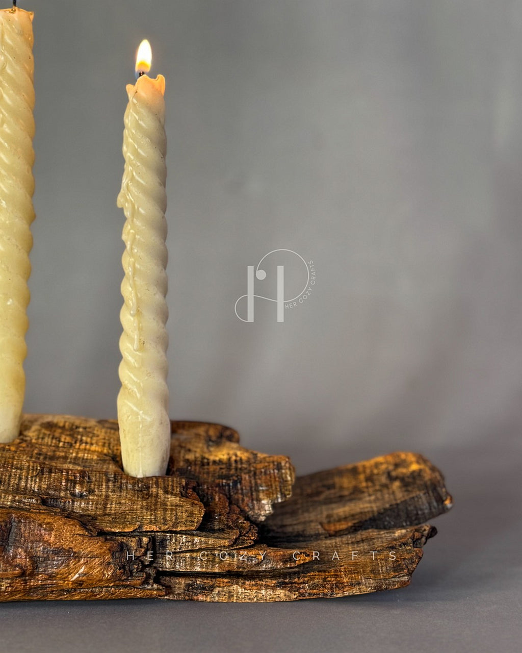 Twisted Candle Holder – Sculptural Wooden Branch Base with Three Spiral Candles