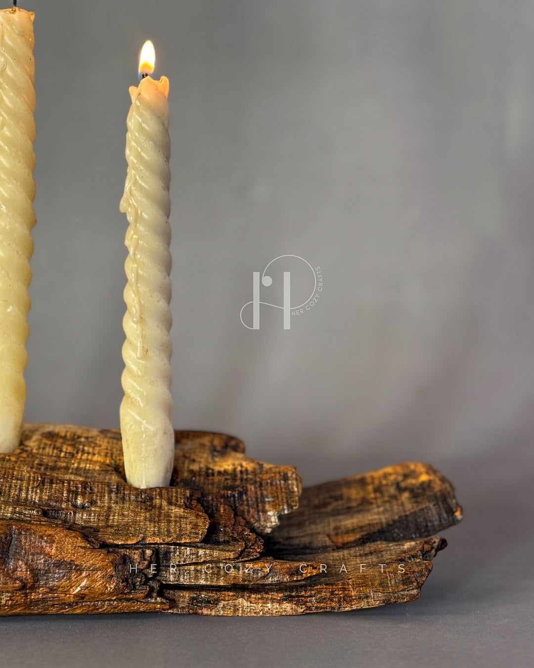 Twisted Candle Holder – Sculptural Wooden Branch Base with Three Spiral Candles