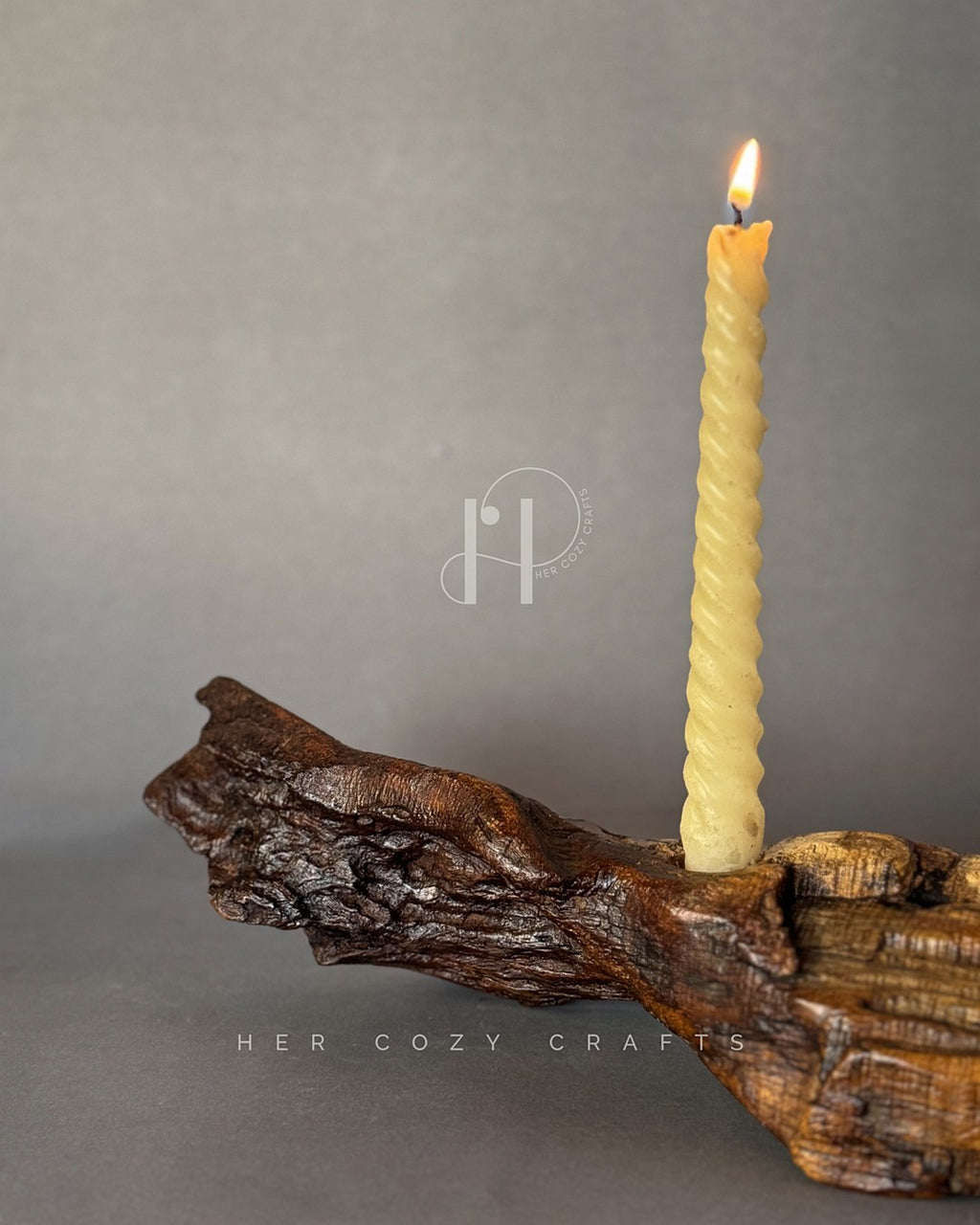 Twisted Candle Holder – Sculptural Wooden Branch Base with Three Spiral Candles