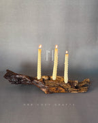Twisted Candle Holder – Sculptural Wooden Branch Base with Three Spiral Candles