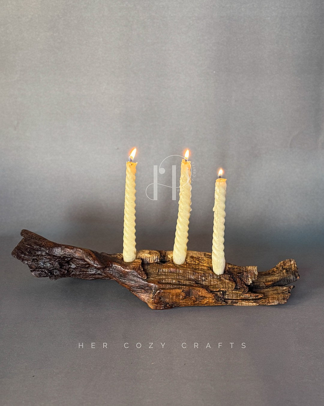 Twisted Candle Holder – Sculptural Wooden Branch Base with Three Spiral Candles