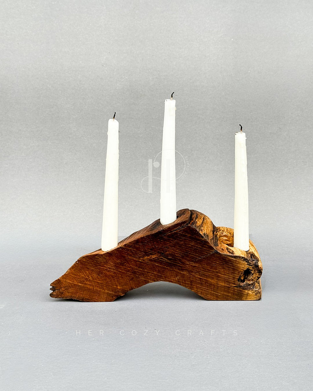 Haven Candle Holder – Sculptural Wooden Base with Three Taper Candles
