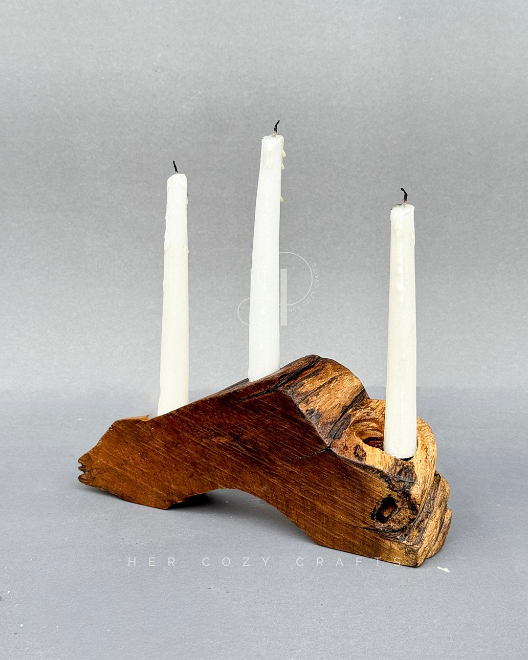 Haven Candle Holder – Sculptural Wooden Base with Three Taper Candles