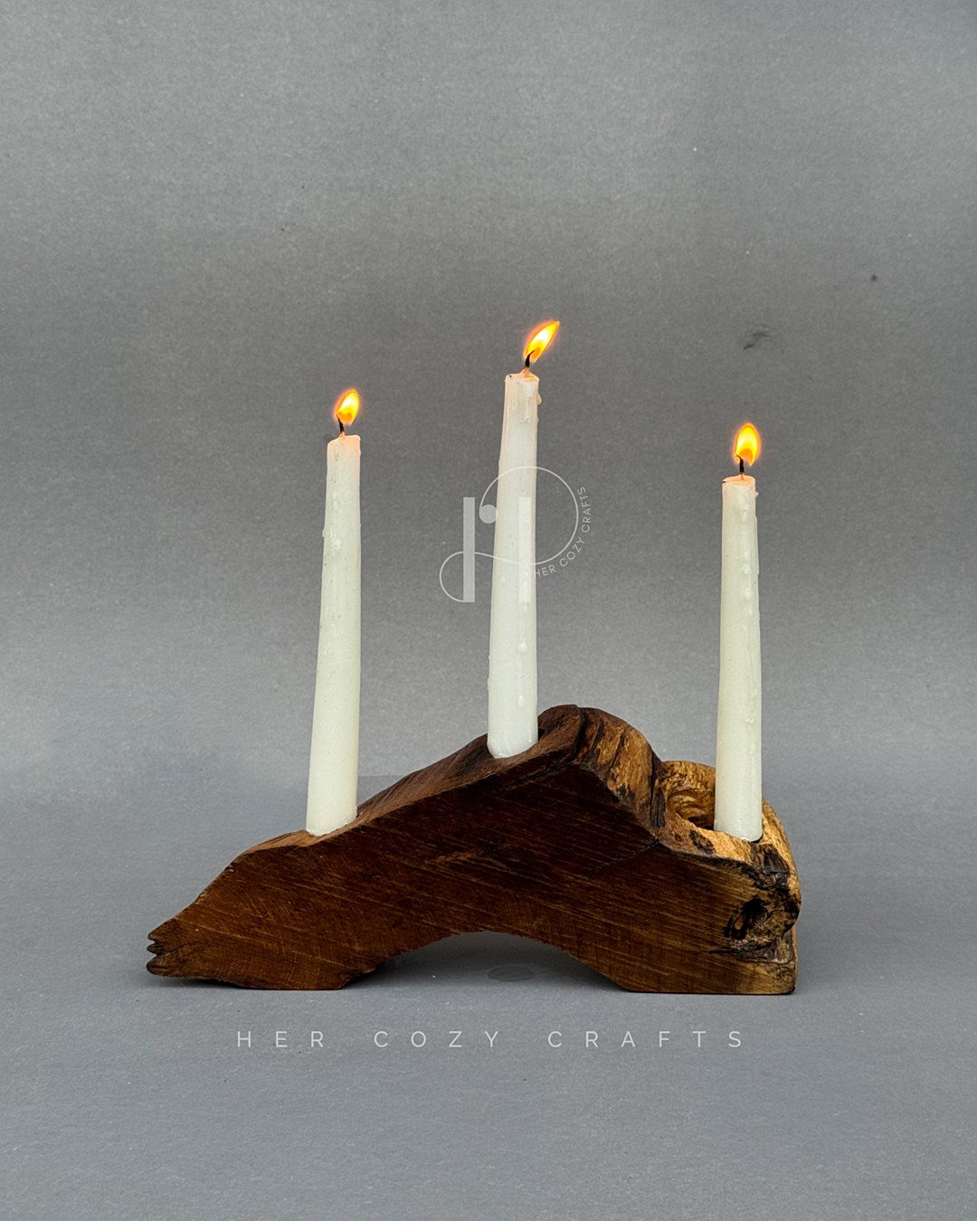 Haven Candle Holder – Sculptural Wooden Base with Three Taper Candles