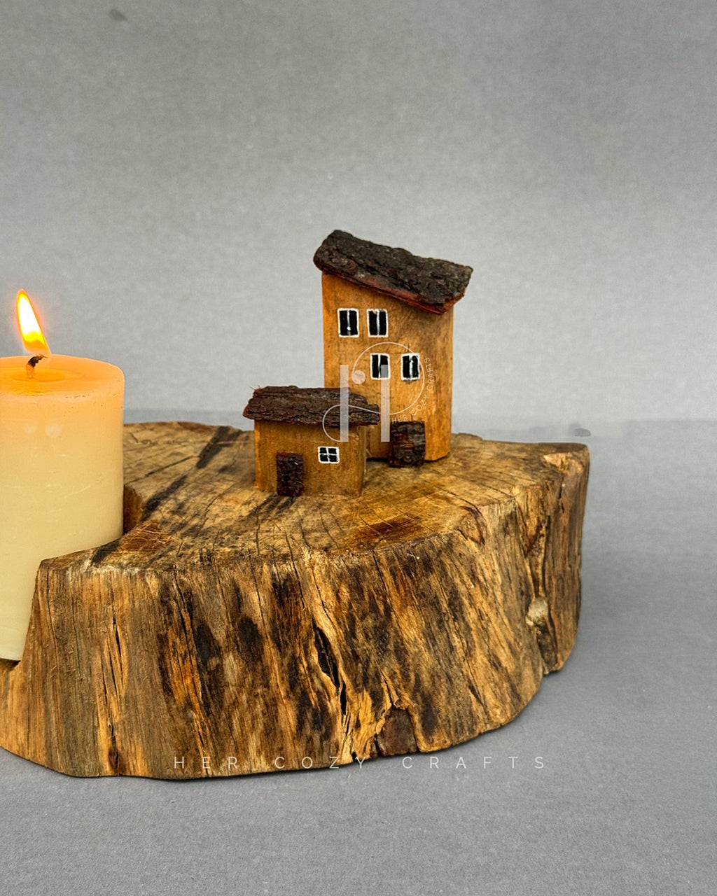 Woodland House Candle Holder – Rustic Tree Slice Base with Miniature House Details