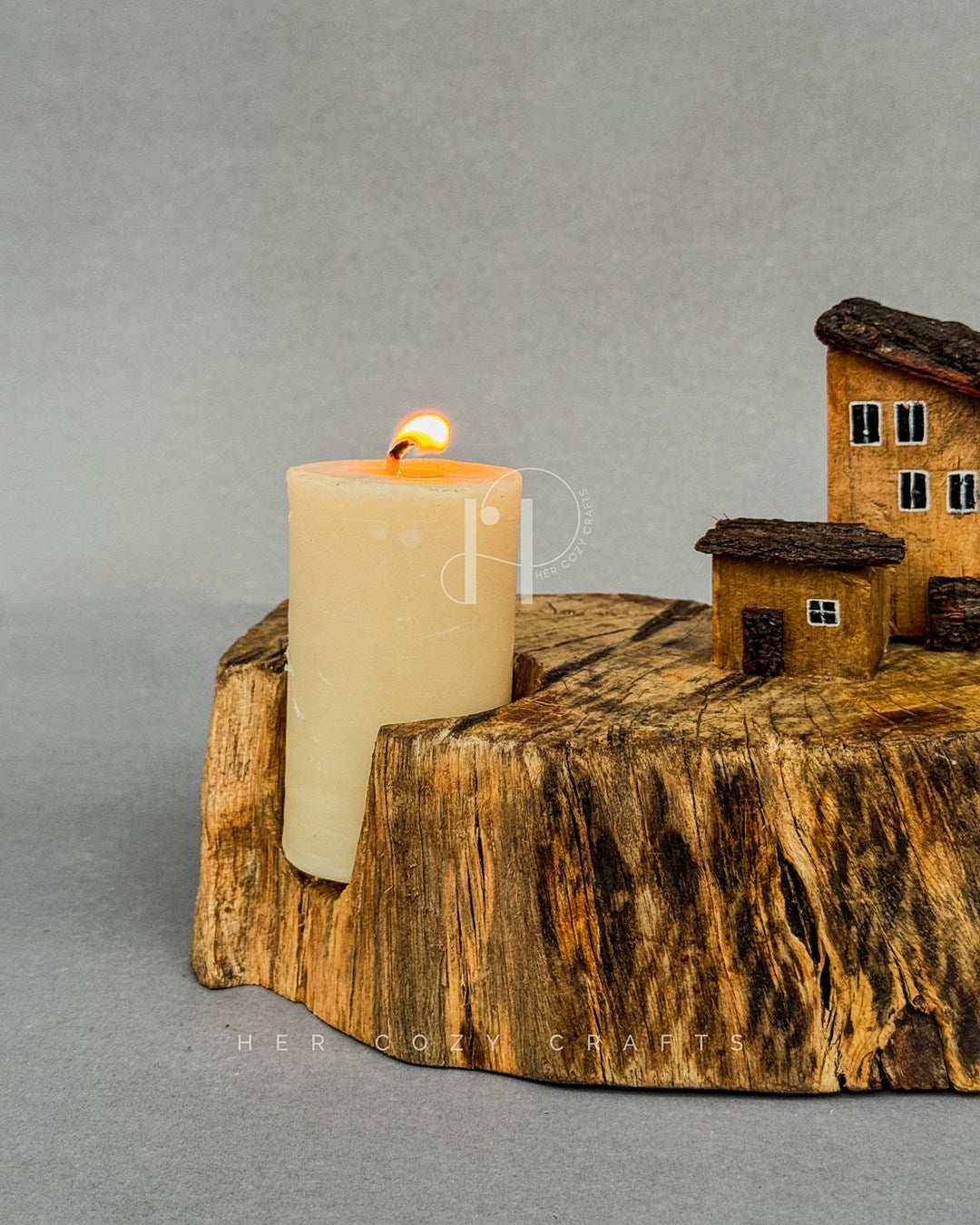 Woodland House Candle Holder – Rustic Tree Slice Base with Miniature House Details