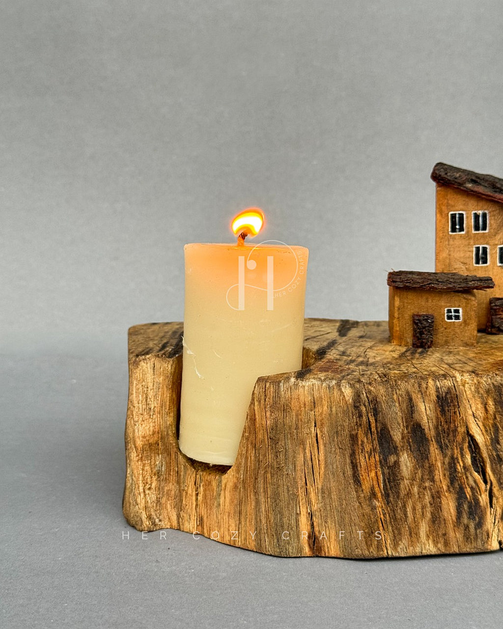 Woodland House Candle Holder – Rustic Tree Slice Base with Miniature House Details