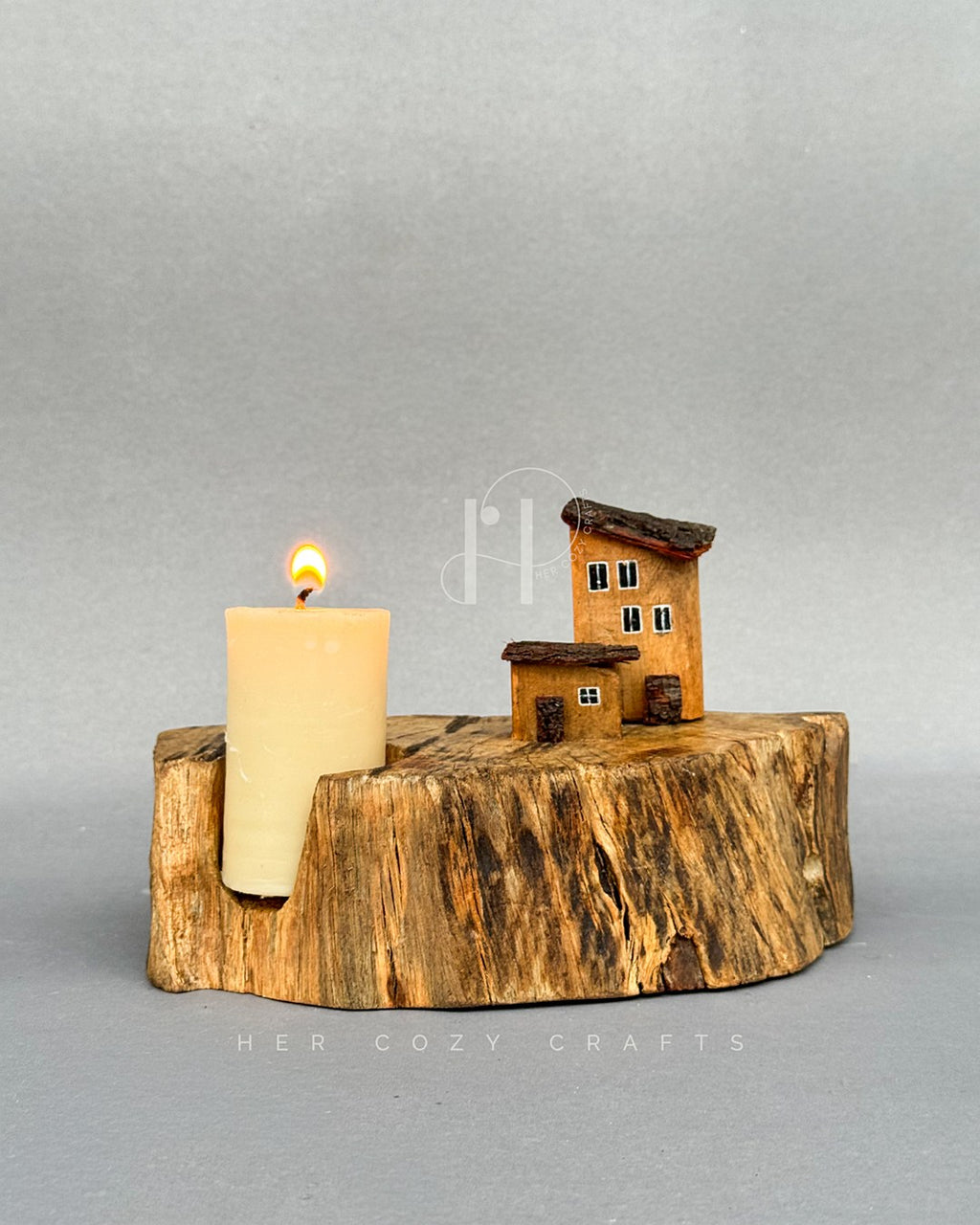 Woodland House Candle Holder – Rustic Tree Slice Base with Miniature House Details